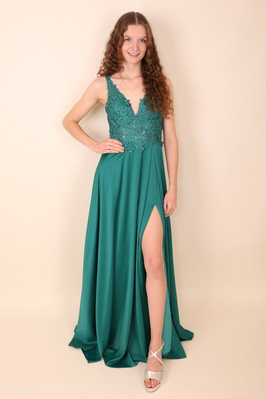 Satinkleid mit Spitze, grün - Dein Kleiderladen