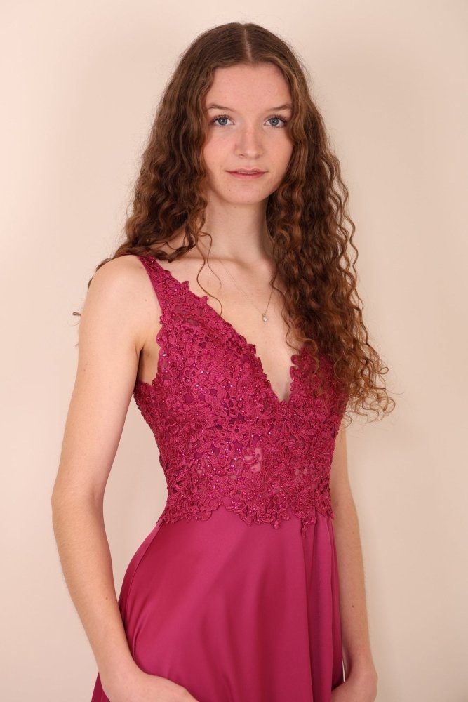 Satinkleid mit Spitze, pink - Dein Kleiderladen