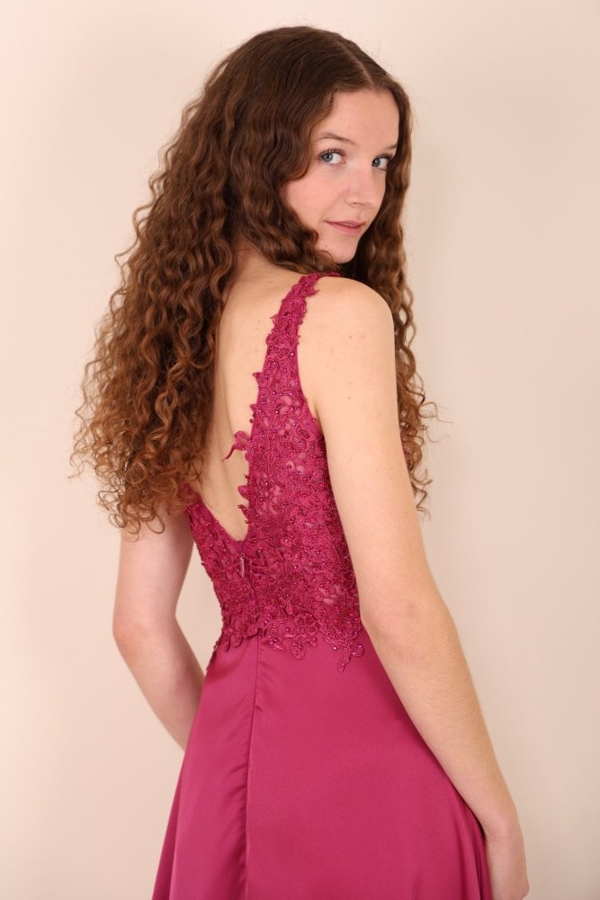 Satinkleid mit Spitze, pink - Dein Kleiderladen