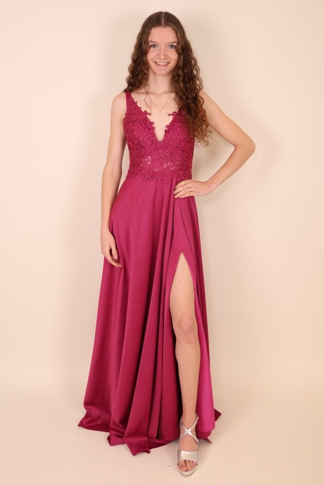 Satinkleid mit Spitze, pink - Dein Kleiderladen