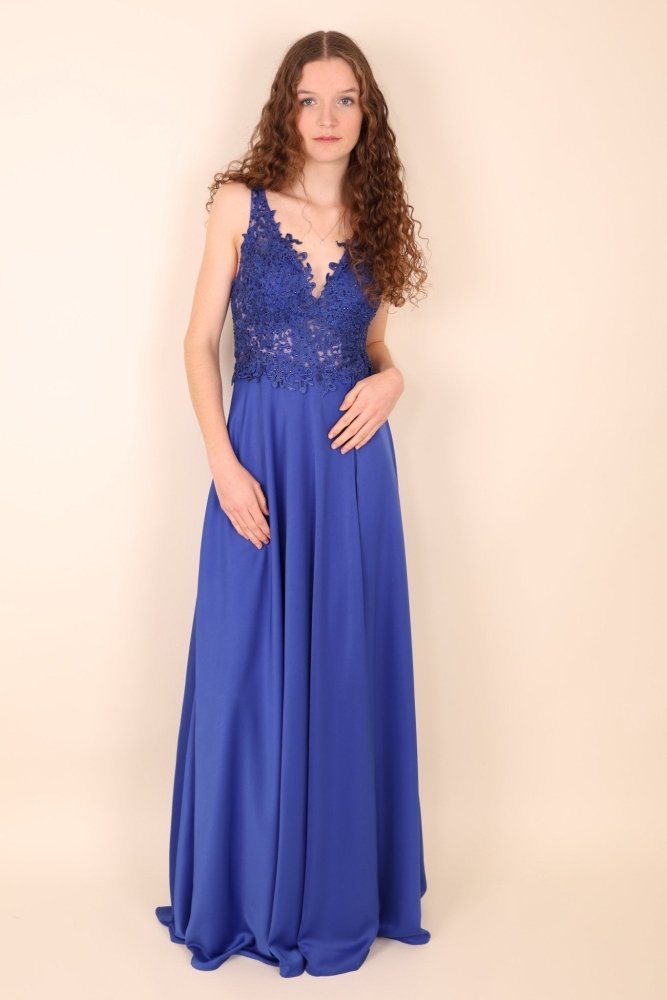 Satinkleid mit Spitze, royalblau - Dein Kleiderladen