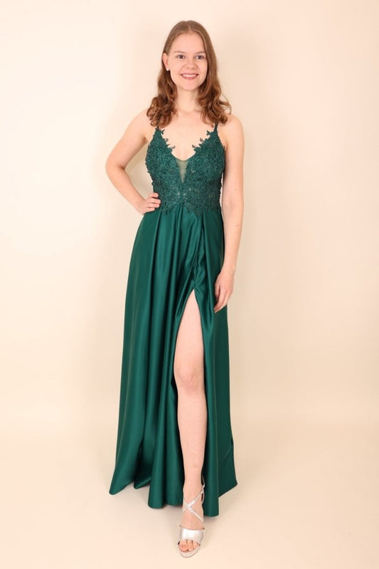 Satinkleid mit Spitze, Spaghettiträgern & Schlitz, dunkelgrün - Dein Kleiderladen