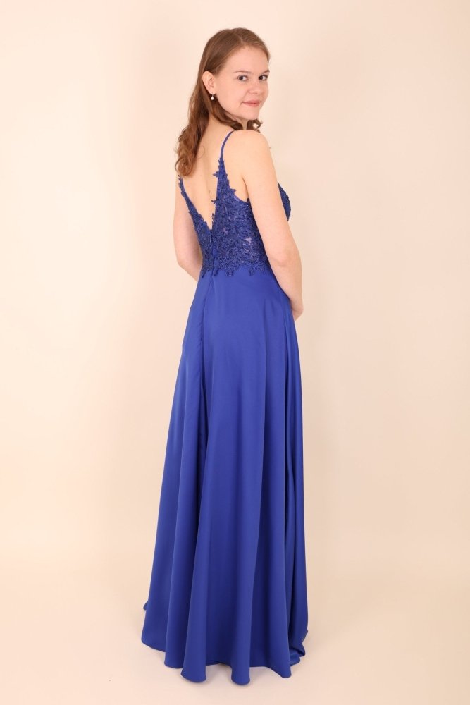 Satinkleid mit Spitze und Beinschlitz, royalblau - Dein Kleiderladen