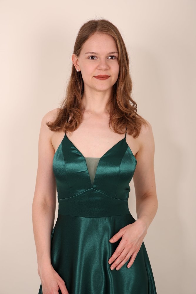 Satinkleid mit tiefem Herzausschnitt & Spaghettiträgern, dunkelgrün - Dein Kleiderladen