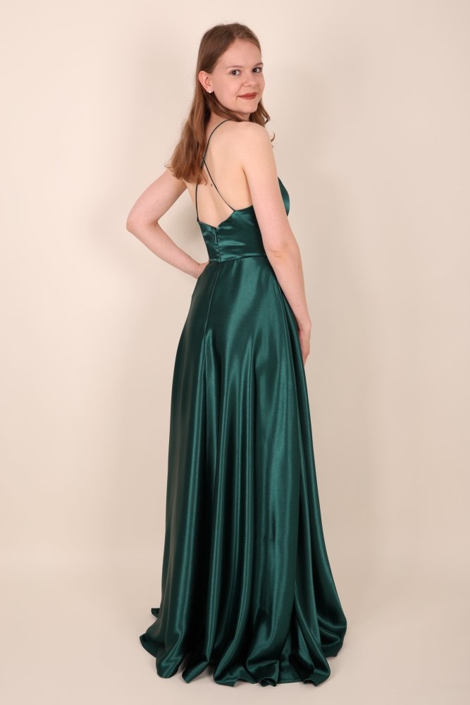 Satinkleid mit tiefem Herzausschnitt & Spaghettiträgern, dunkelgrün - Dein Kleiderladen