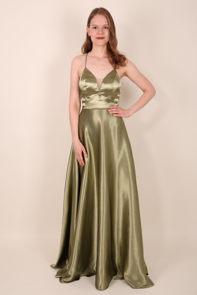 Satinkleid mit tiefem Herzausschnitt & Spaghettiträgern, oliv - Dein Kleiderladen