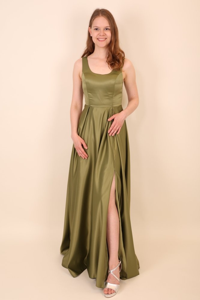 Satinkleid mit U - Ausschnitt, Faltenrock & Beinschlitz, oliv - Dein Kleiderladen