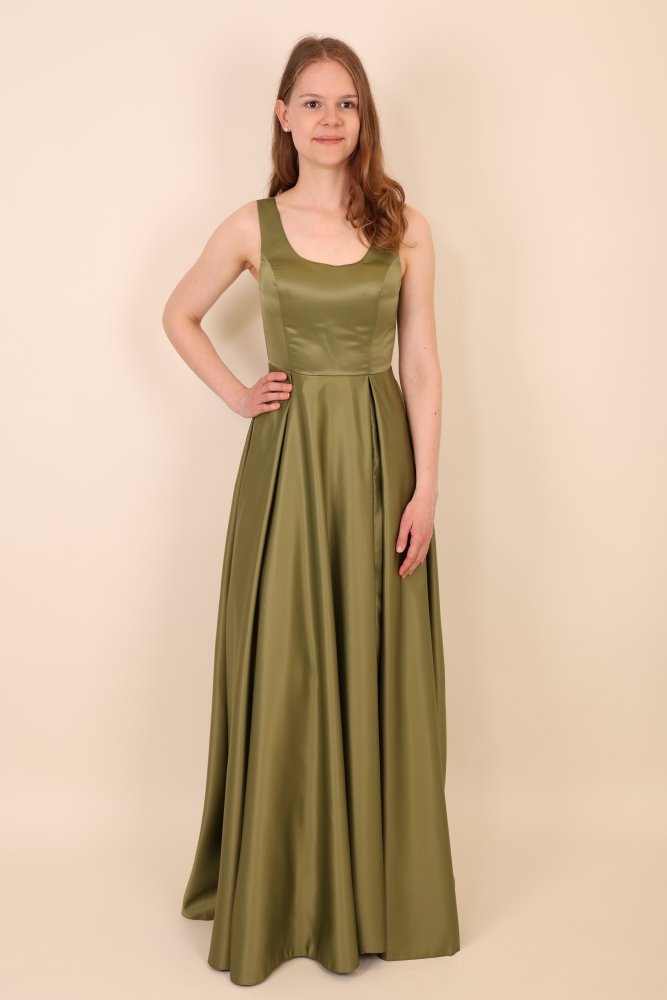 Satinkleid mit U - Ausschnitt, Faltenrock & Beinschlitz, oliv - Dein Kleiderladen