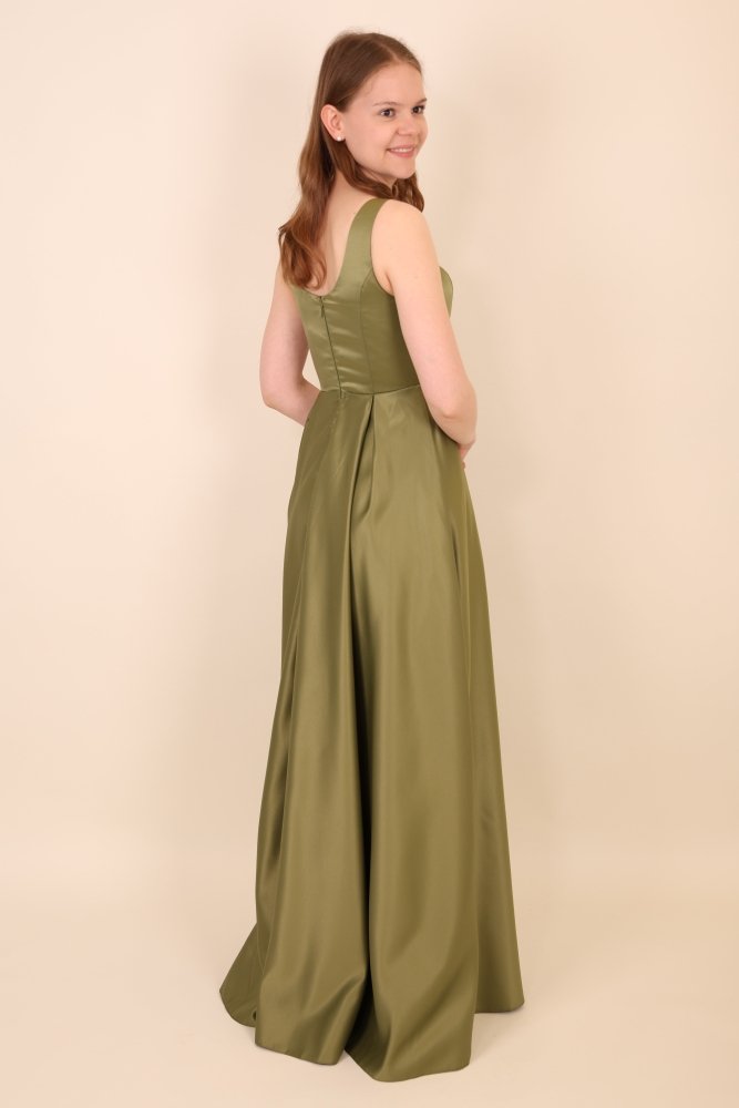 Satinkleid mit U - Ausschnitt, Faltenrock & Beinschlitz, oliv - Dein Kleiderladen
