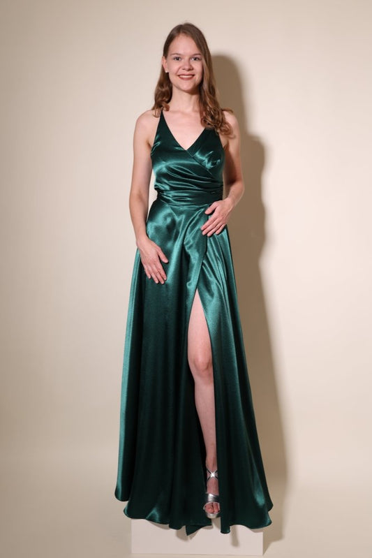 Satinkleid mit V - Ausschnitt, Schnürung und Schlitz, dunkelgrün - Dein Kleiderladen