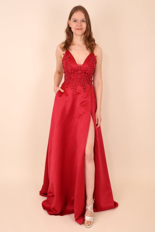 Satinkleid mit V - Ausschnitt, Spitze & besonderer Schnürung, dunkelrot - Dein Kleiderladen