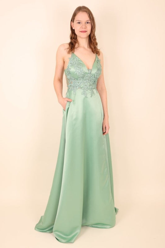 Satinkleid mit V-Ausschnitt, Spitze & besonderer Schnürung, mint - Dein Kleiderladen