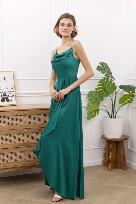 Satinkleid mit Wasserfallausschnitt, Volant und Beinschlitz - Dein Kleiderladen