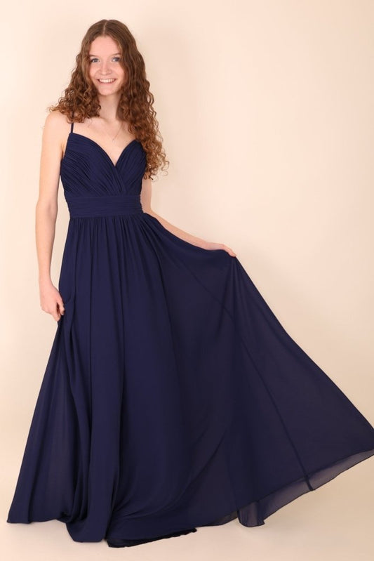 Schlichtes Abendkleid mit Raffungen und V-Ausschnitt, dunkelblau - Dein Kleiderladen