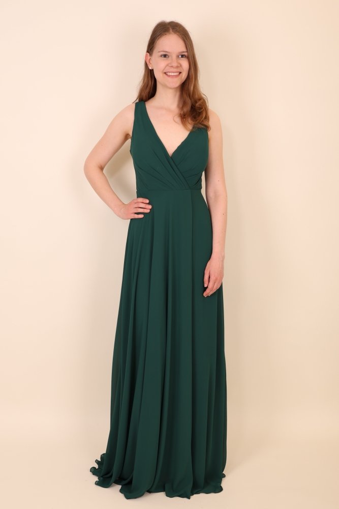 Schlichtes Abendkleid mit V - Ausschnitt & Beinschlitz, dunkelgrün - Dein Kleiderladen