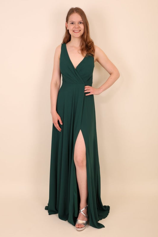 Schlichtes Abendkleid mit V - Ausschnitt & Beinschlitz, dunkelgrün - Dein Kleiderladen