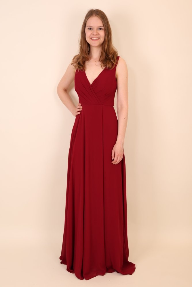 Schlichtes Abendkleid mit V - Ausschnitt & Beinschlitz, dunkelrot - Dein Kleiderladen