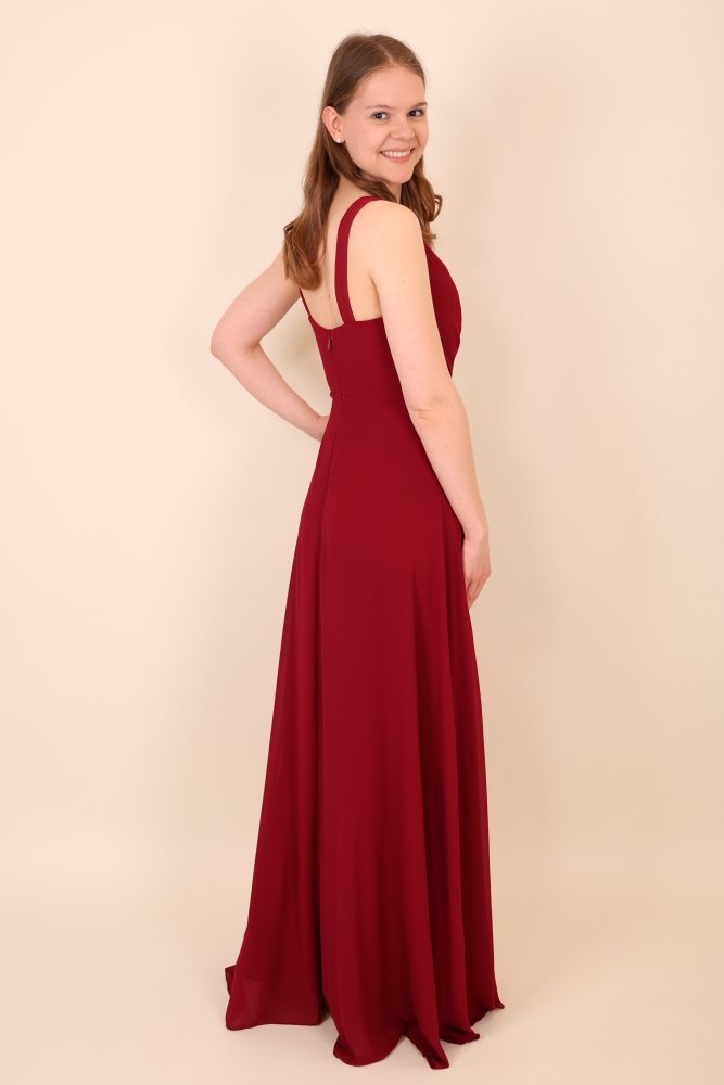 Schlichtes Abendkleid mit V - Ausschnitt & Beinschlitz, dunkelrot - Dein Kleiderladen