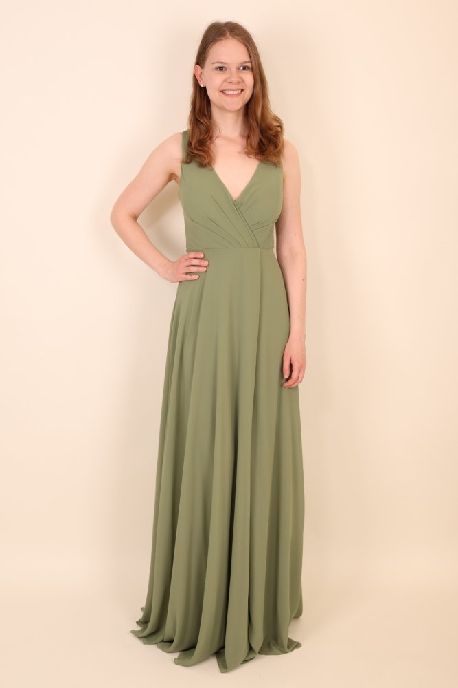 Schlichtes Abendkleid mit V - Ausschnitt & Beinschlitz, oliv - Dein Kleiderladen