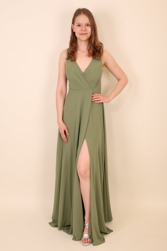 Schlichtes Abendkleid mit V - Ausschnitt & Beinschlitz, oliv - Dein Kleiderladen
