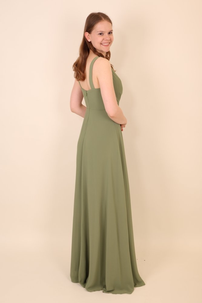 Schlichtes Abendkleid mit V - Ausschnitt & Beinschlitz, oliv - Dein Kleiderladen