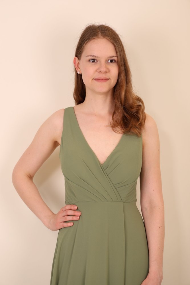 Schlichtes Abendkleid mit V - Ausschnitt & Beinschlitz, oliv - Dein Kleiderladen
