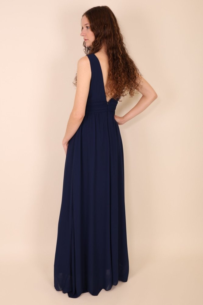 Schlichtes Abendkleid mit V - Ausschnitt und Schlitz, dunkelblau - Dein Kleiderladen