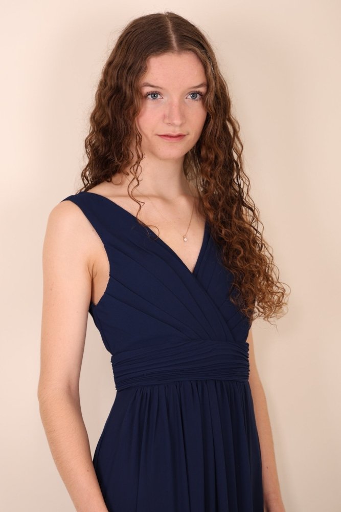Schlichtes Abendkleid mit V - Ausschnitt und Schlitz, dunkelblau - Dein Kleiderladen