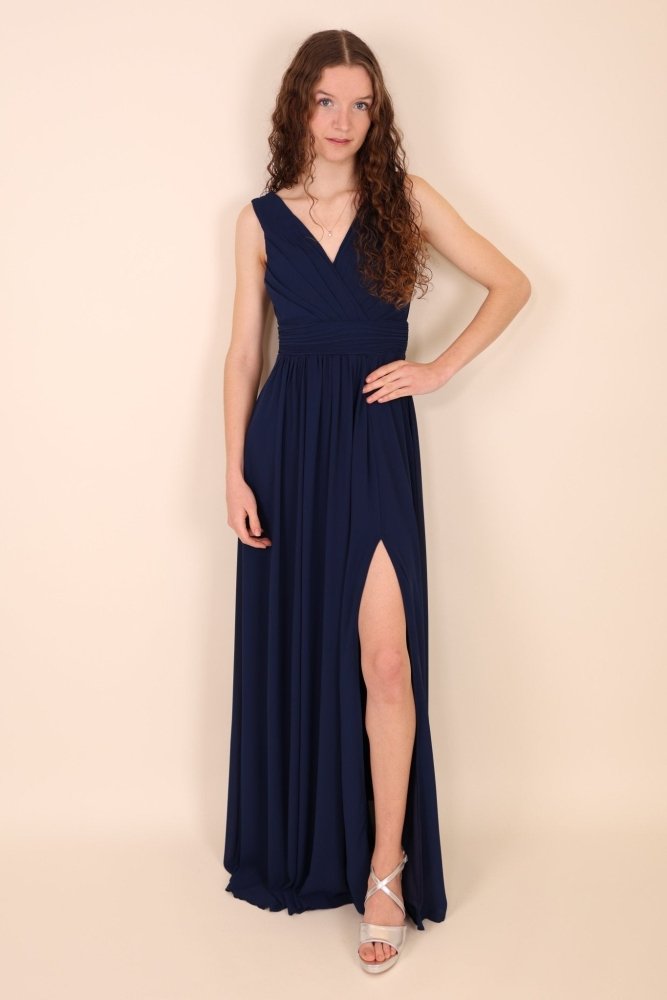 Schlichtes Abendkleid mit V - Ausschnitt und Schlitz, dunkelblau - Dein Kleiderladen