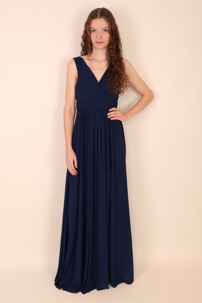 Schlichtes Abendkleid mit V - Ausschnitt und Schlitz, dunkelblau - Dein Kleiderladen