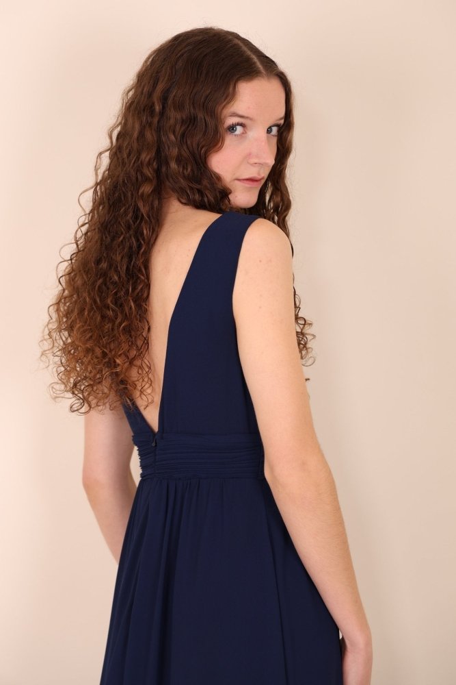 Schlichtes Abendkleid mit V - Ausschnitt und Schlitz, dunkelblau - Dein Kleiderladen