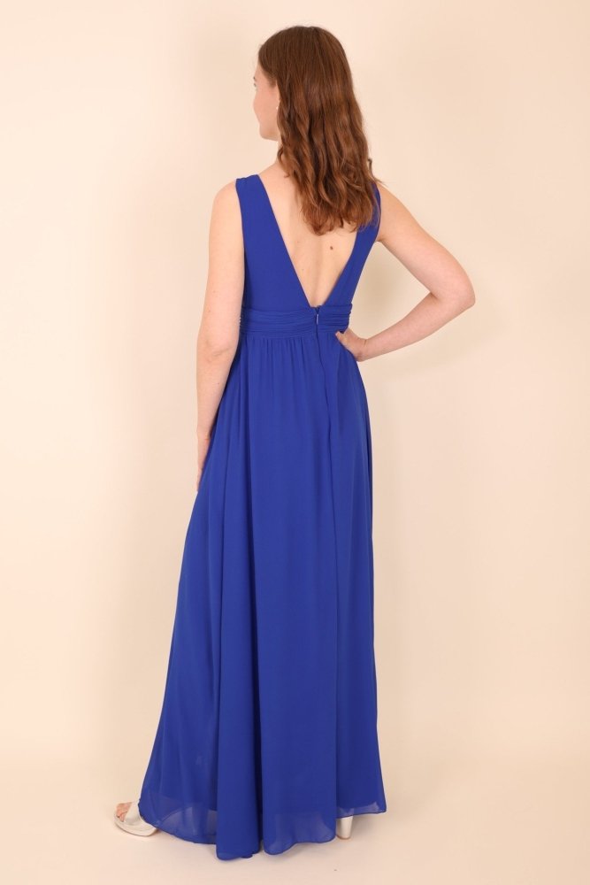 Schlichtes Abendkleid mit V - Ausschnitt und Schlitz, royalblau - Dein Kleiderladen