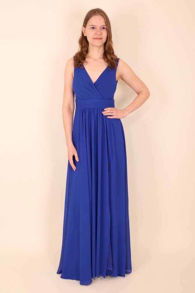 Schlichtes Abendkleid mit V - Ausschnitt und Schlitz, royalblau - Dein Kleiderladen