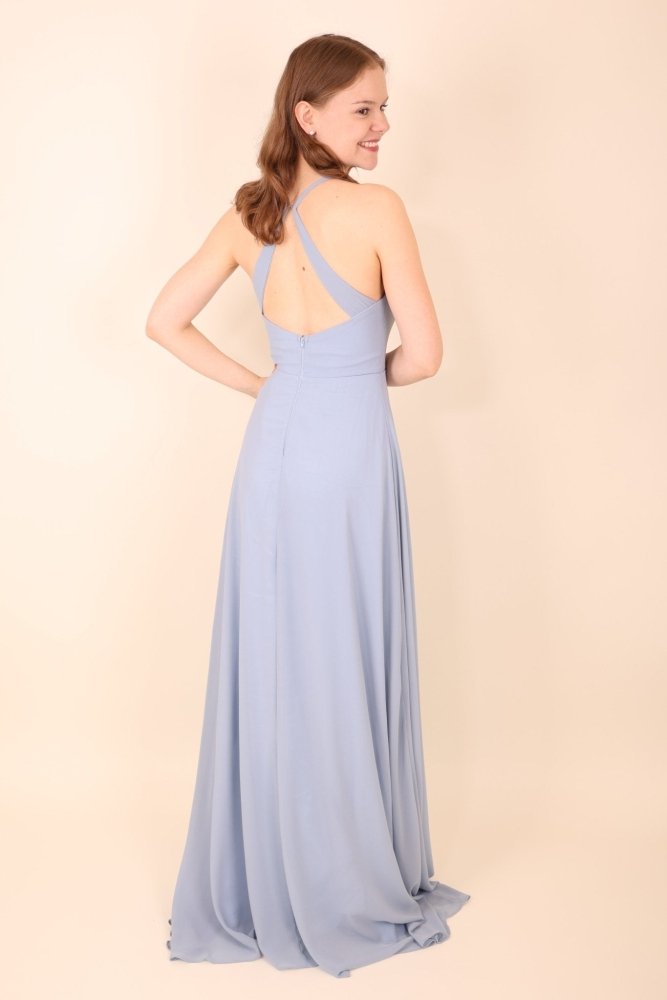 Schlichtes Chiffon - Abendkleid mit V - Ausschnitt & Schlitz, hellblau - Dein Kleiderladen