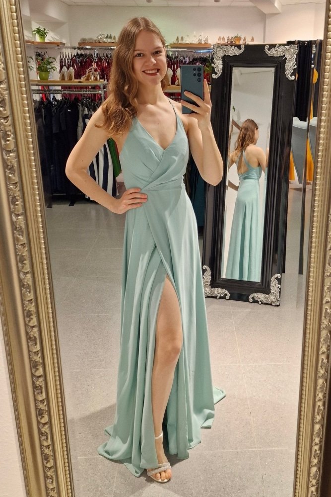 Schlichtes Chiffon - Abendkleid mit V - Ausschnitt & Schlitz, mint - Dein Kleiderladen