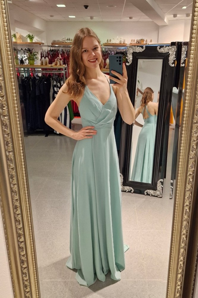 Schlichtes Chiffon - Abendkleid mit V - Ausschnitt & Schlitz, mint - Dein Kleiderladen