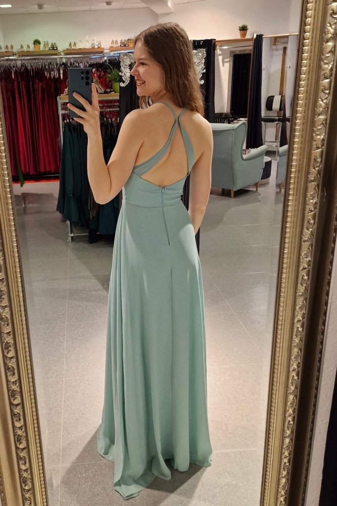 Schlichtes Chiffon - Abendkleid mit V - Ausschnitt & Schlitz, mint - Dein Kleiderladen