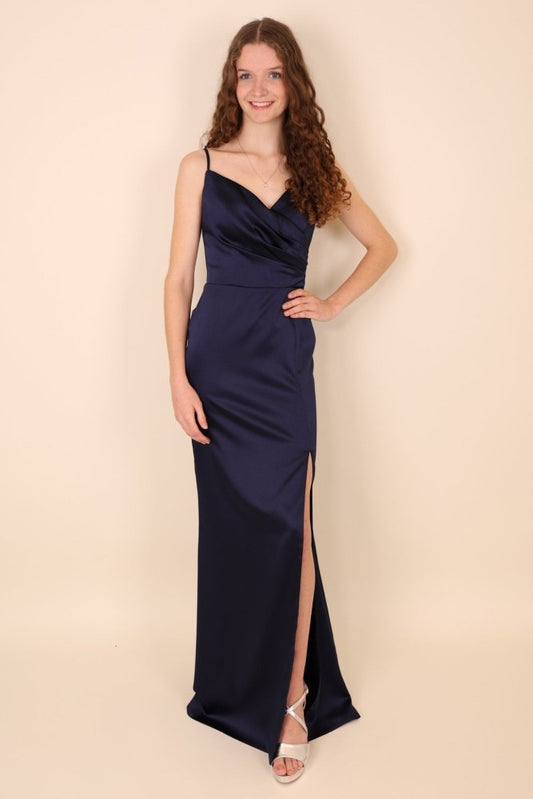 Schlichtes figurbetontes Satinkleid mit Schlitz, dunkelblau - Dein Kleiderladen