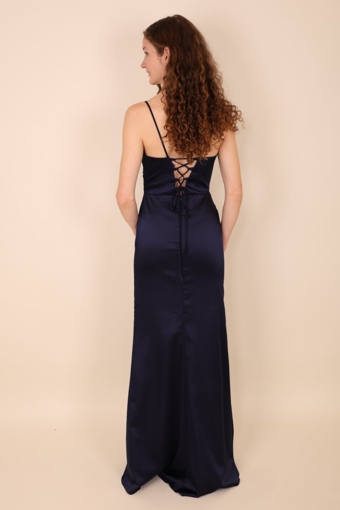 Schlichtes figurbetontes Satinkleid mit Schlitz, dunkelblau - Dein Kleiderladen