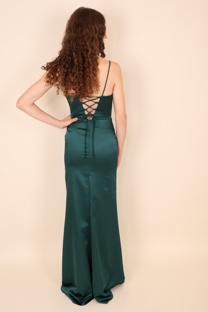 Schlichtes figurbetontes Satinkleid mit Schlitz, dunkelgrün - Dein Kleiderladen
