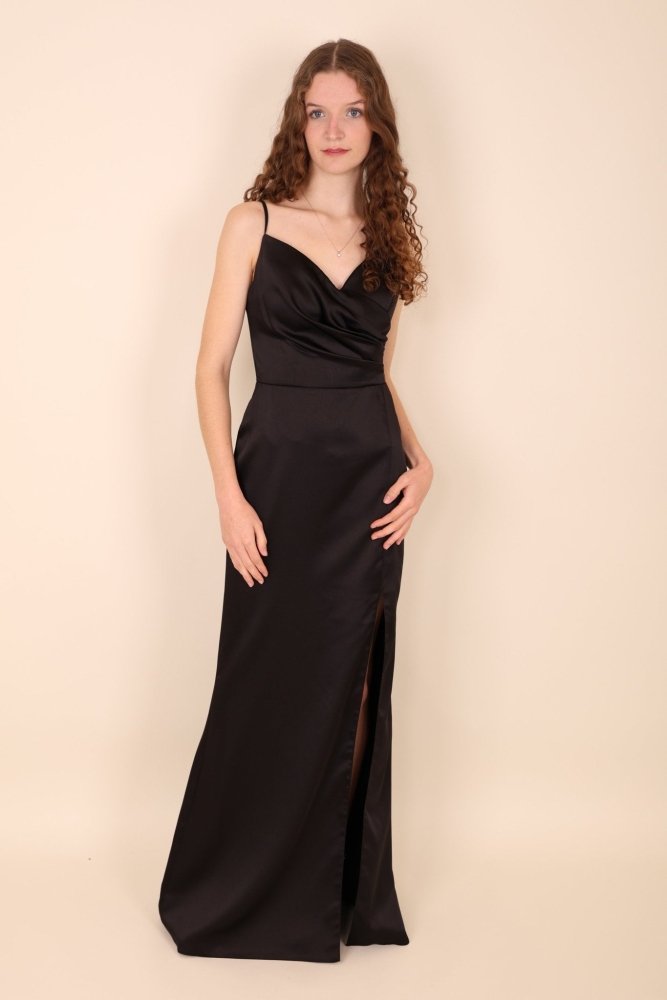 Schlichtes figurbetontes Satinkleid mit Schlitz, schwarz - Dein Kleiderladen