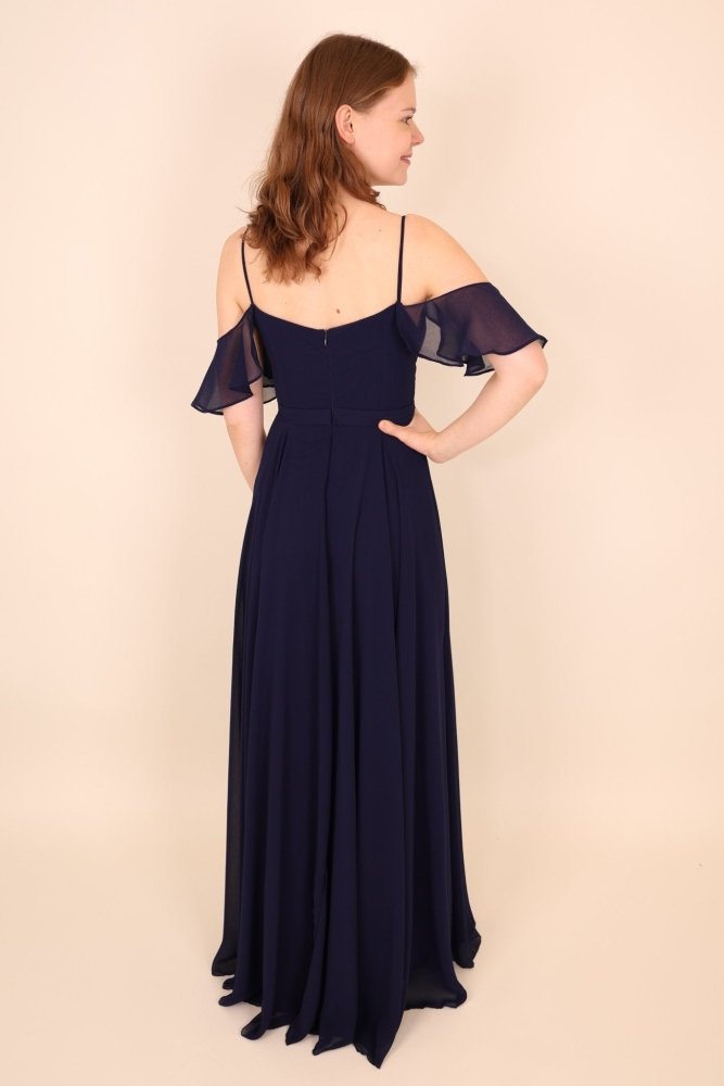 Schulterfreies Abendkleid aus fließendem Chiffon, dunkelblau - Dein Kleiderladen