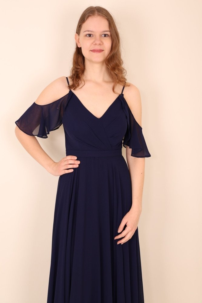 Schulterfreies Abendkleid aus fließendem Chiffon, dunkelblau - Dein Kleiderladen