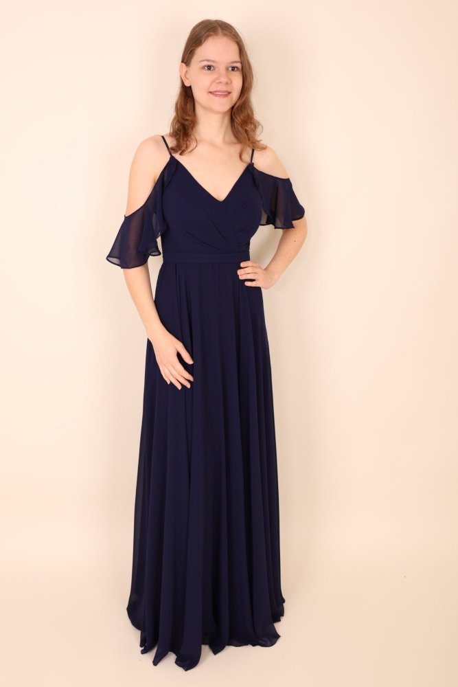 Schulterfreies Abendkleid aus fließendem Chiffon, dunkelblau - Dein Kleiderladen