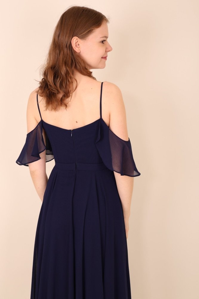 Schulterfreies Abendkleid aus fließendem Chiffon, dunkelblau - Dein Kleiderladen