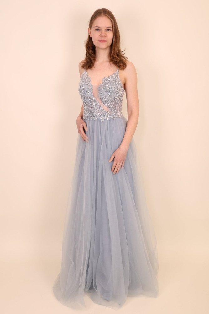 Tüllkleid mit floraler Bestickung, grau - Dein Kleiderladen