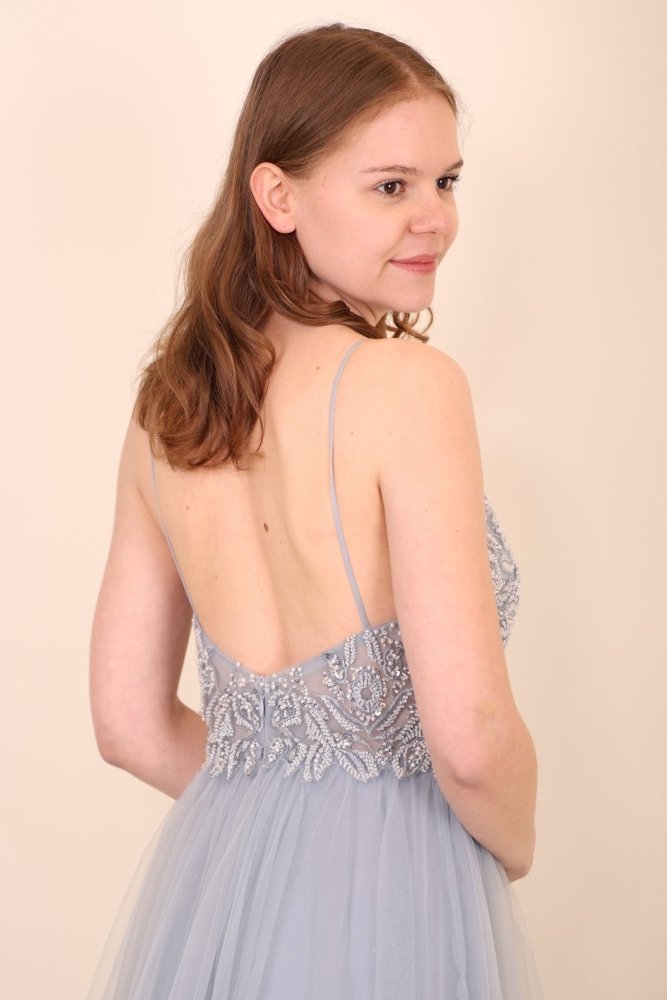Tüllkleid mit floraler Bestickung, grau - Dein Kleiderladen
