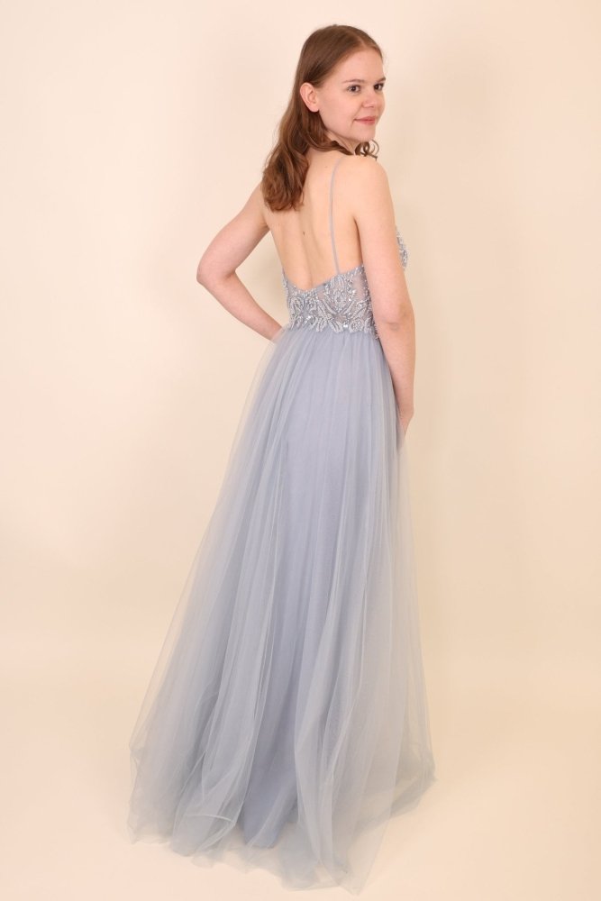 Tüllkleid mit floraler Bestickung, grau - Dein Kleiderladen