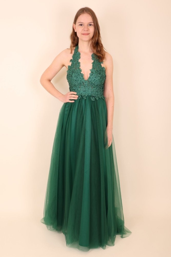Tüllkleid mit Spitzenoberteil und Neckholder, dunkelgrün - Dein Kleiderladen
