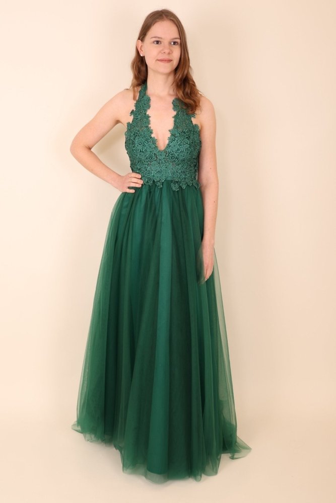 Tüllkleid mit Spitzenoberteil und Neckholder, dunkelgrün - Dein Kleiderladen